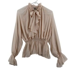 ASOS Blouse Womens US 4 Nude Sheer Chiffon Tie Neck Ruffle Peplum Long Sleeve